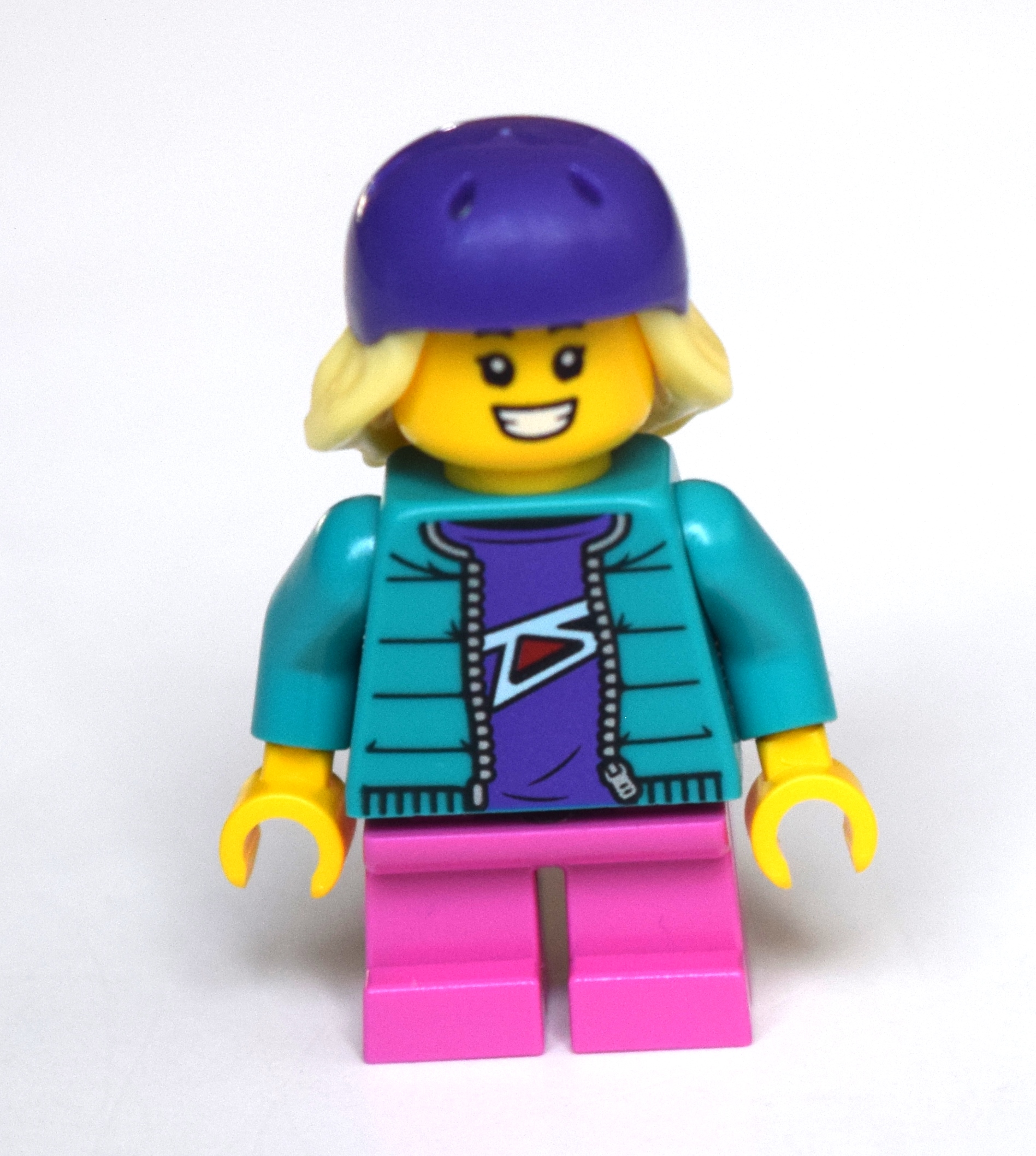 Lego Girl, Dark Turquoise Jacket, Short Dark Pink Legs, Dark Purple Bike Helmet