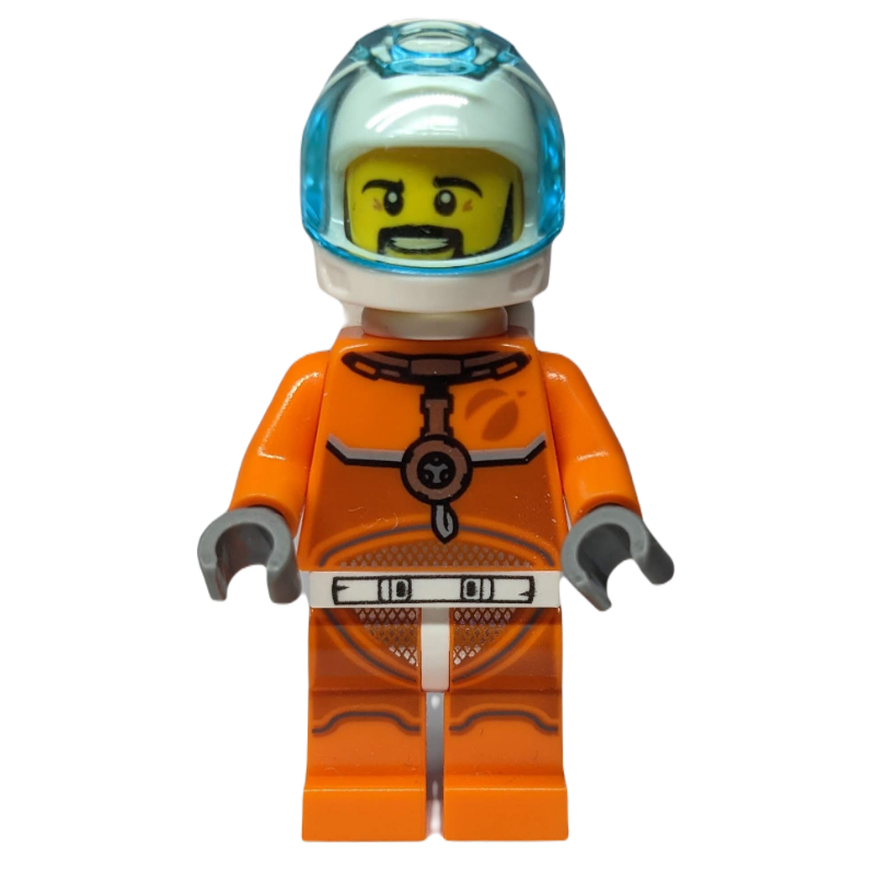 Lego Astronaut - Orange Torso and Legs, White Helmet, Trans-Light Blue Visor, Moustache