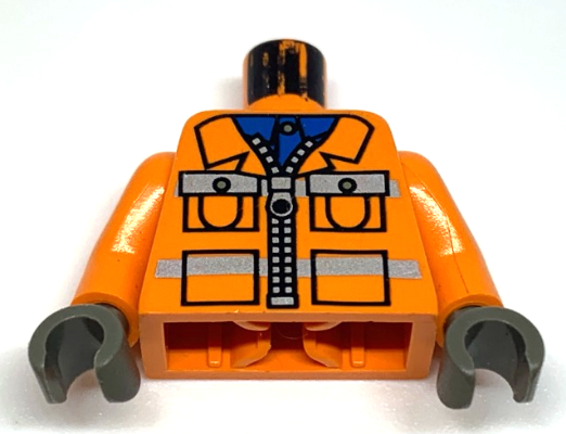 Lego Torso Town Construction Zipper Jacket, Blue Shirt, Safety Stripes Pattern / Orange Arms / Dark Gray Hands