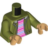Lego Torso, Jacket, Zipper, Bright Pink/Dark Pink/Bright Light Blue Stripes Shirt print, Olive Green Arms, Warm Tan Hands / Olive Green