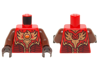 Lego Torso Vest with Dark Red and Gold Armor with Scales and Orange Round Jewel (Fire Chi) Pattern / Reddish Brown Arms / Dark Brown Hands
