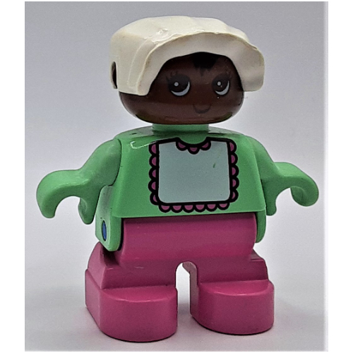 Lego Duplo Figure, Early Child, with Bonnet White, Medium Dark Pink Legs, White Bib with Medium Dark Pink Lace Print / Light Green