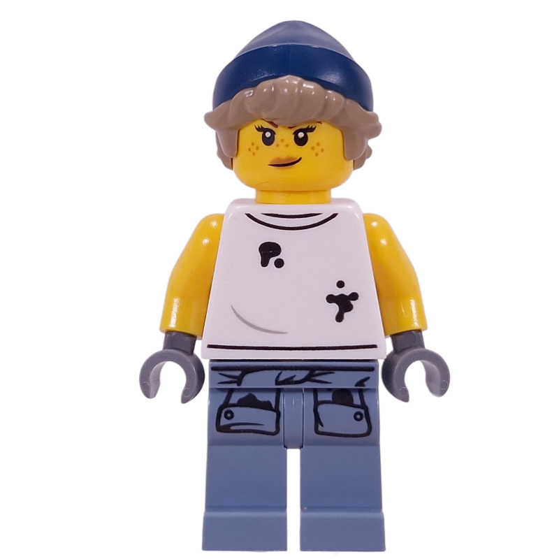 Lego Mechanic, Dirty White Vest, Sand Blue Legs, Dark Blue Hat