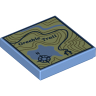 Lego Tile 2 x 2 with Topographical Trail Map with Compass and 'Greeble Trail' Print / Medium Blue