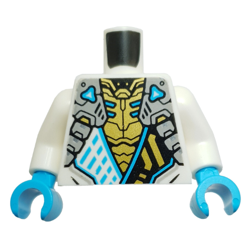 Lego Torso Robes, Black Sash with Gold Symbol, Silver Straps, Gold Chest print, White Arms, Medium Azure Hands / White
