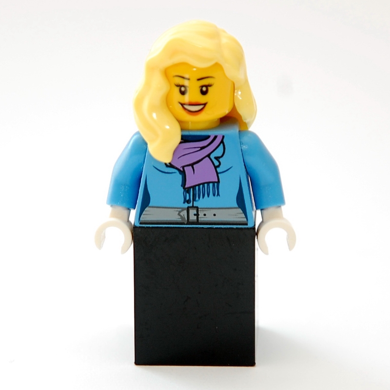 Lego Woman, Medium Blue Jacket with Medium Lavender Scarf, Black Skirt