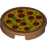 Lego Tile Round 2 x 2 with Pizza 12 Pepperoni Print / Medium Nougat