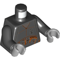 Lego Torso Jacket, Silver Tubes and Connectors, Orange Midriff Print (Quay Tolsite), Black Arms, Light Bluish Gray Hands / Black