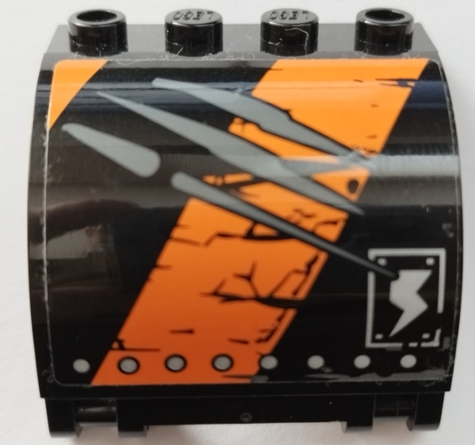 Lego Panel 3 x 4 x 3 Curved with Double Clip Hinge with Worn Black and Orange Stripes, Silver Rivets and Scratches Pattern Model Right Side (Sticker) - Set 70654