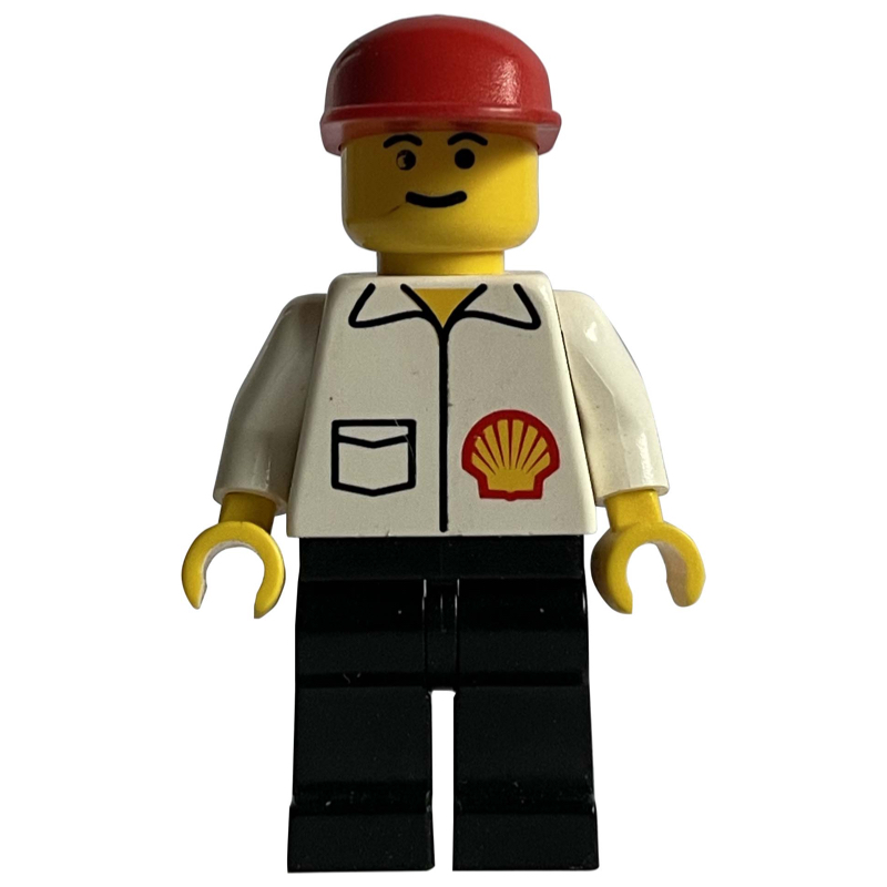 Lego Man, White Shirt with Shell Logo, Red Cap