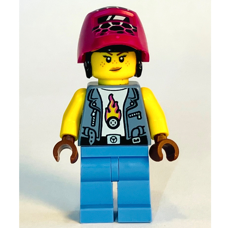 Lego Mech Max, Sand Blue Vest, Medium Blue Legs, Magenta Hair