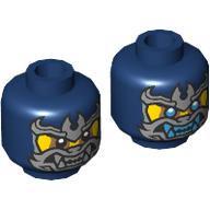 Lego Minifig Head Wolf Warrior, Silver Face Mask, Nougat Eye Shadow, Black Eyes / Blue Eyes and Fangs Print / Dark Blue