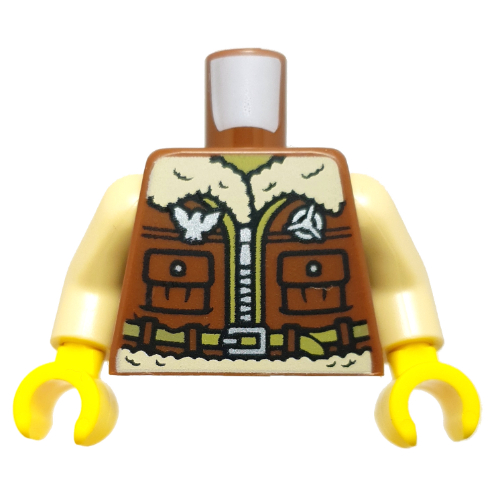 Lego Torso Coat, Tan Fur, Zipper, Pockets, Lime Belt print, Tan Arms, Yellow Hands / Reddish Brown