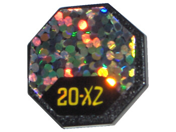 Lego Road Sign 2 x 2 Octagon with Clip with Yellow '20-X2' on Black Background, Holographic Circles Pattern (Sticker) - Sets 5313 / 6463