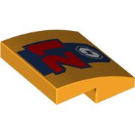 Lego Brick Curved 2 x 2 x 2/3 with Red '21', Dark Blue Stripe, White Octagon with Lightning Bolt print / Bright Light Orange