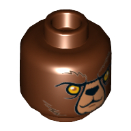 Lego Minifig Head Bulkar, Dual Sided, Bear, Yellow Eyes, Dark Brown Fur, Stern / Raised Eyebrow Print [Hollow Stud] / Reddish Brown