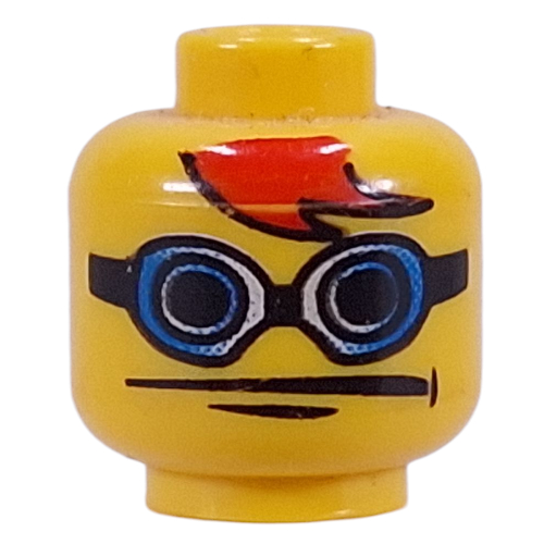 Lego Minifig Head, Glasses with Blue Goggles, Red Bangs Print [Blocked Open Stud] / Yellow
