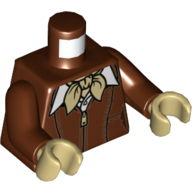 Lego Torso Leather Jacket with Zipper and Tan Scarf Print, Reddish Brown Arms, Tan Hands / Reddish Brown