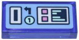 Tile 1 x 2 with Bright Light Blue Laundromat Wash Panel with Coin Slot, Number 1, White Rectangles, Bright Pink Square Buttons Pattern (Sticker) - Set 42670 / Trans-Purple