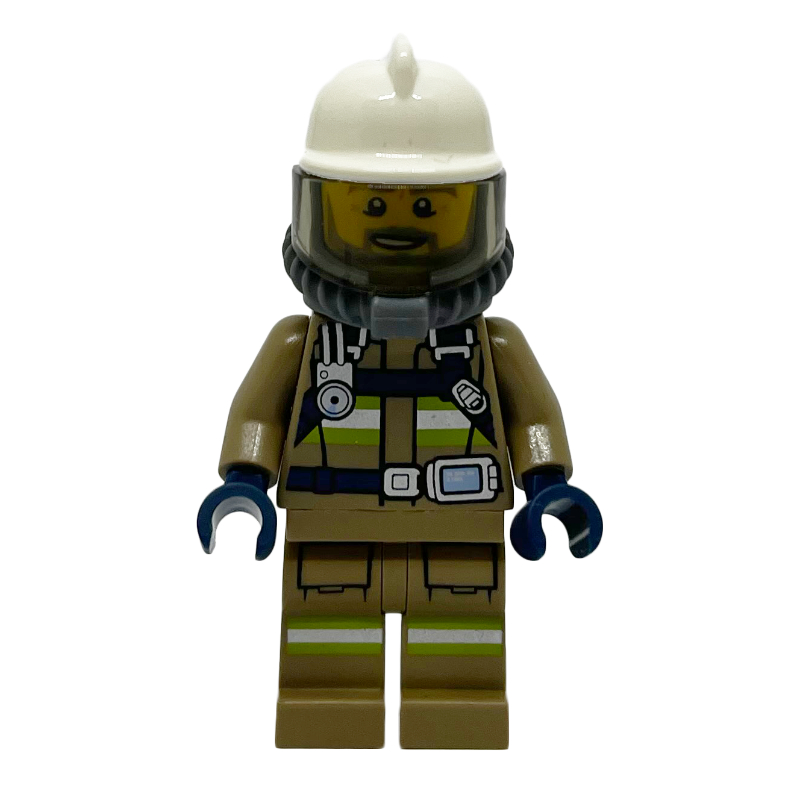 Lego Firefighter, Dark Tan Firesuit, White Helmet, Blue Airtanks