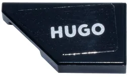 Tile, Modified 1 x 2 Wedge Left with Silver 'HUGO' Logo Pattern (Sticker) - Set 77246