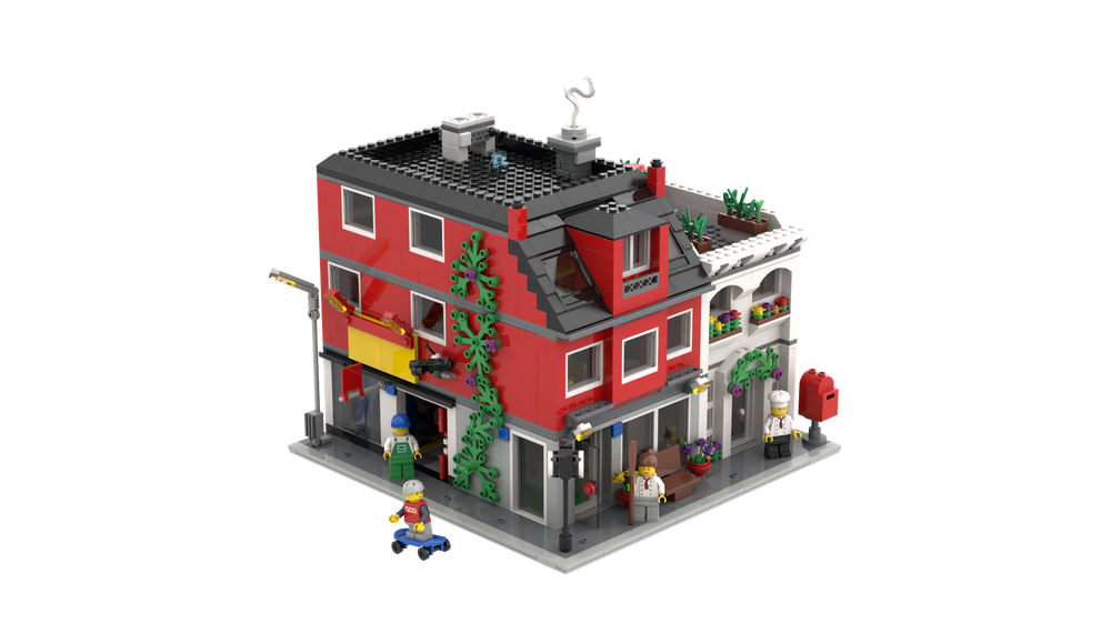 Lego City corner pizza restaurant and bakery