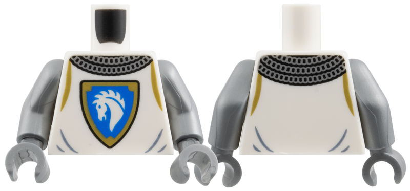 Lego Torso Castle Surcoat, Silver Chain Mail Collar, Blue and Gold Horse Knight Shield Pattern / Flat Silver Arms / Flat Silver Hands
