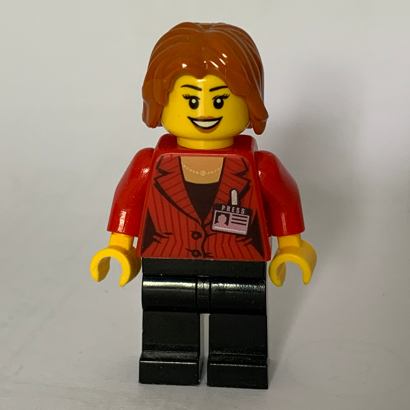 Lego Reporter, Red Jacket, Black Legs, Dark Orange Hair