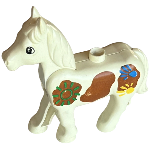 Lego Duplo Animal Horse with One Stud and Moveable Head, Large Brown Spots, and Multi-Colored Sun and Handprints Print / White