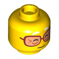 Lego Minifig Head Mrs. Castillo, Dark Red Glasses, Wrinkles, Closed Eyes, Open Mouth Smile / Closed Mouth Smile / Yellow