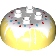 Lego Duplo Brick Round 4 x 4 Dome Top with 2 x 2 Studs - Marbled White 'Frosting' with Red, Medium Azure, and Pink Stars Print / Bright Light Yellow