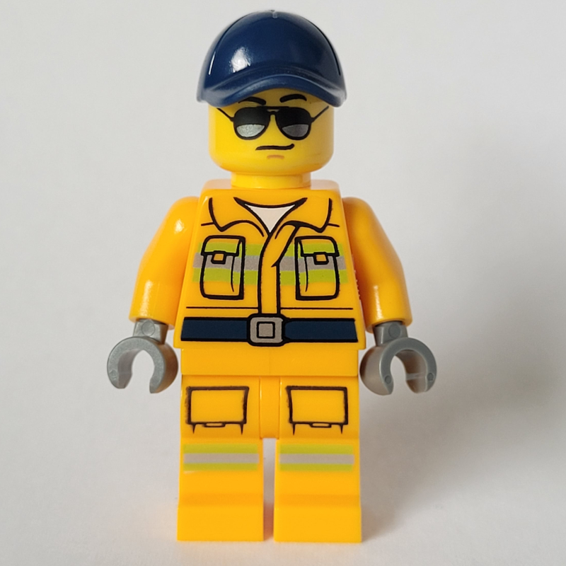 Lego Firefighter, Bright Light Orange Fire Suit, Dark Blue Cap