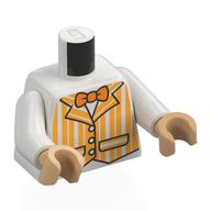 Lego Torso, Bright Light Orange Striped Dapper Dan Jacket, Orange Bow Tie print, White Arms, Warm Tan Arms / White