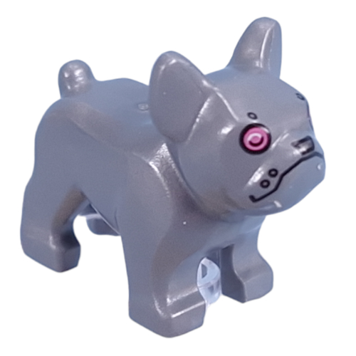 Lego Animal, Dog, French Bulldog, Grumpy Face with Robot Plating, Pink Eyes Print / Flat Silver