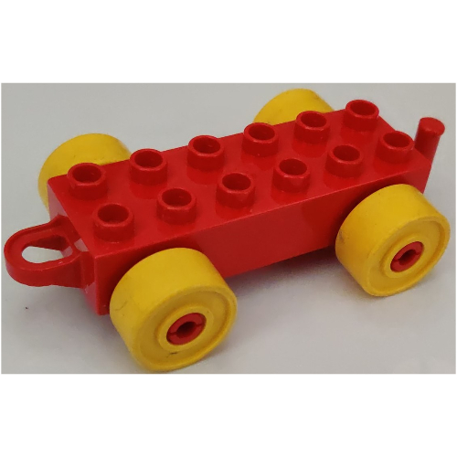Lego Duplo Car Base 2 x 6 with Yellow Wheels, (Old Style) Closed Hitch End / Red
