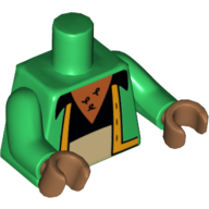 Lego Torso Vest with Orange Trim, Black Shirt, Tan Pants and Chest Hair Print, Green Arms, Medium Nougat Hands / Green