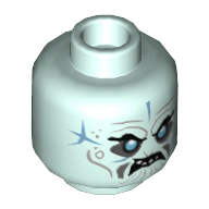 Lego Minifig Head Blizzard Samurai, Medium Blue Eyes, Sand Blue Scars, Angry Showing Teeth / Ice Shards over Right Eye Print / Light Aqua