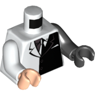 Lego Torso, Odd Arms and Hands, Suit Jacket with Black Half Print, Left Black Arm and Hand, Right White Arm and Light Nougat Hand / White