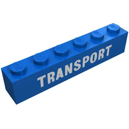 Brick 1 x 6 with 'TRANSPORT' White Print / Blue