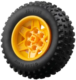 Wheel 43.2mm D. x 26mm Technic Racing Small, 6 Pin Holes with Black Tire 75.1 x 28 Spiky Tread (56908 / 69909) / Bright Light Orange