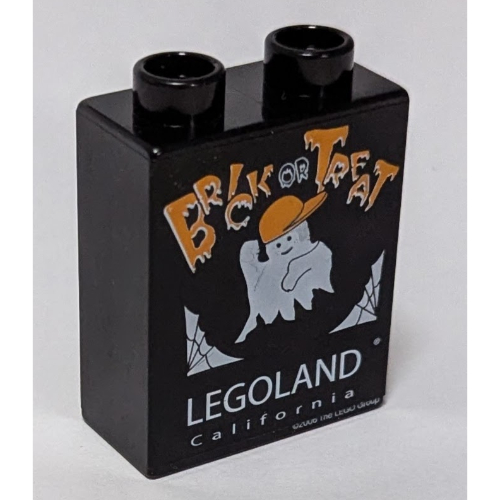 Lego Duplo Brick 1 x 2 x 2 with Halloween 2006 Brick or Treat Print (Legoland Logo) / Black
