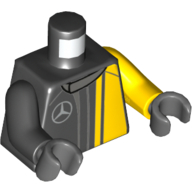 Lego Torso, Odd Arms, Racing Jacket, Mercedes Logo / 'AMG' on Back Print, Left Yellow Arm, Right Black Arm, Dark Bluish Gray Hands / Black