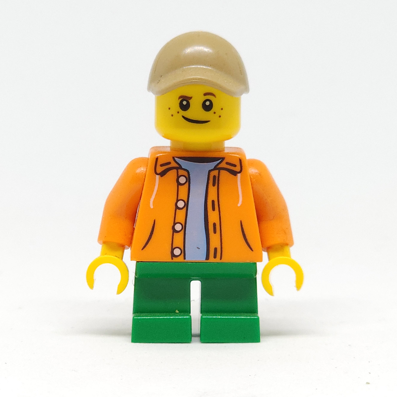Lego Kid, Orange Torso, Green Legs, Dark Tan Cap