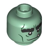 Lego Minifig Head Frankenstein's Monster, Thick Black Eyebrows, Dark Green Lines, Loose Tooth / Sand Green