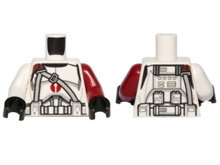 Lego Torso SW Armor Clone Trooper with Dark Red Center Emblem, Gray Vertical and Diagonal Belts Pattern / Dark Red Arm Left / White Arm Right / Black Hands
