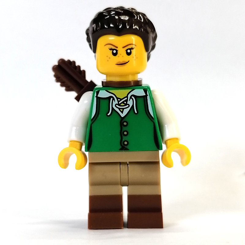 Lego Woman - Green Tunic, Dark Tan/Reddish Brown Legs, Dark Brown Hair, Quiver