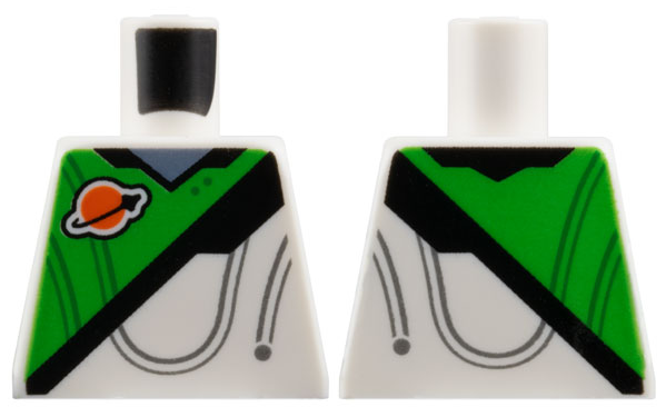 Lego Torso Spacesuit with Bright Green Panel, Classic Space Logo, Black Stripe, and Sand Blue Collar Pattern