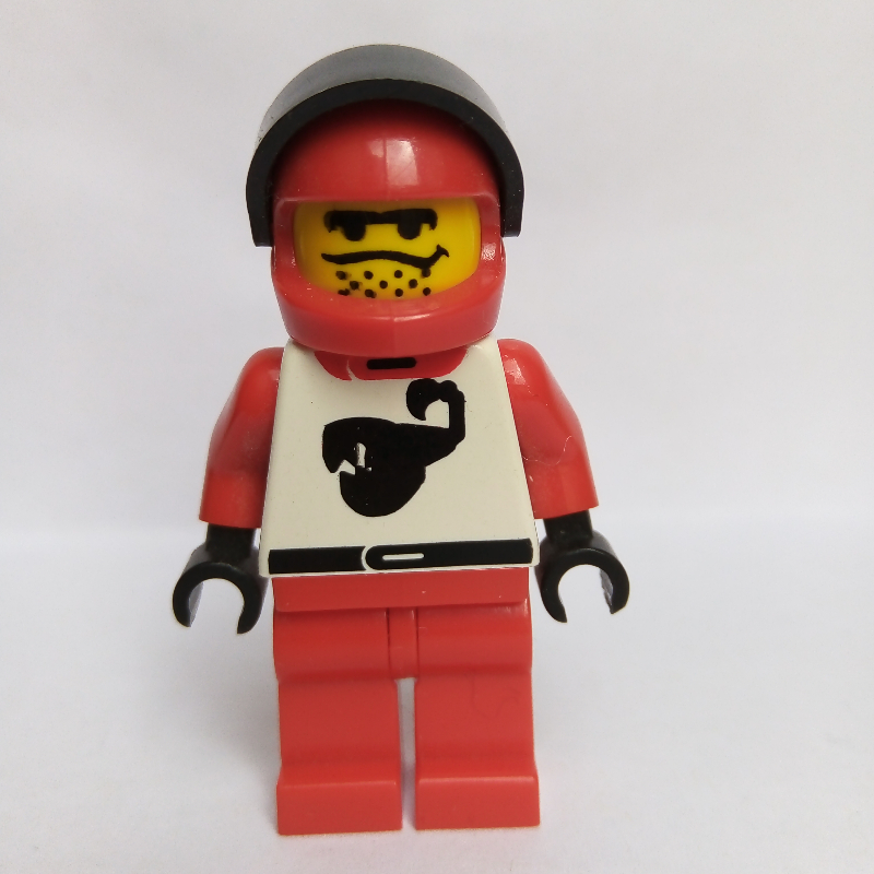 Lego Racer, Red and White Outfit with Scorpion, Red Helmet with Visor