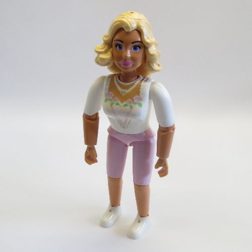 Lego Belville Figure Articulated Elbows, Female, Light Yellow Hair, White Top with Flowers and Leaves Collar Print / White