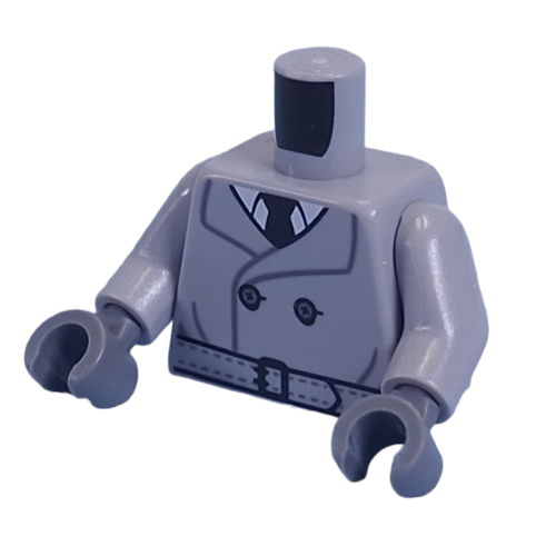 Lego Torso, Trenchcoat, White Shirt, Dark Blue Tie print, Light Bluish Gray Arms, Dark Bluish Gray Hands / Light Bluish Gray